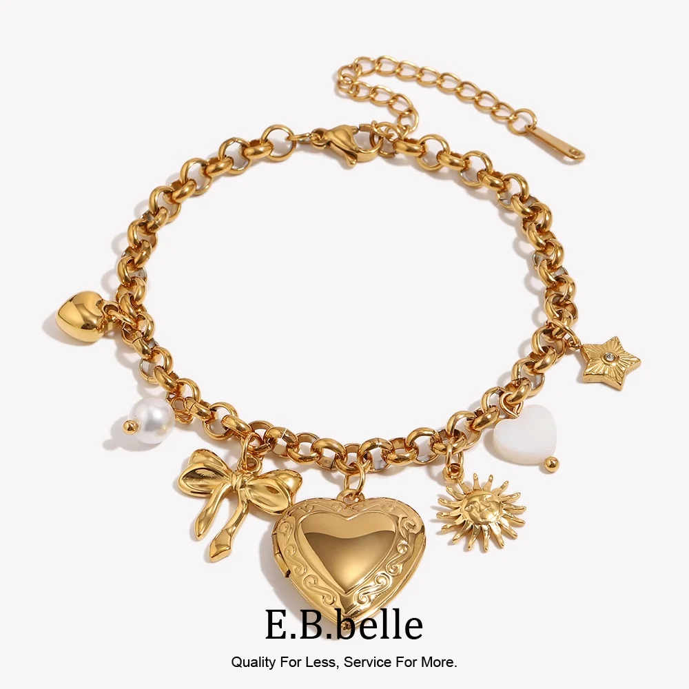 E.B.belle PVD Plated Stainless Steel Heart Photo Box Pendant Bracelet Fashion Women Waterproof High End Jewelry Accessories