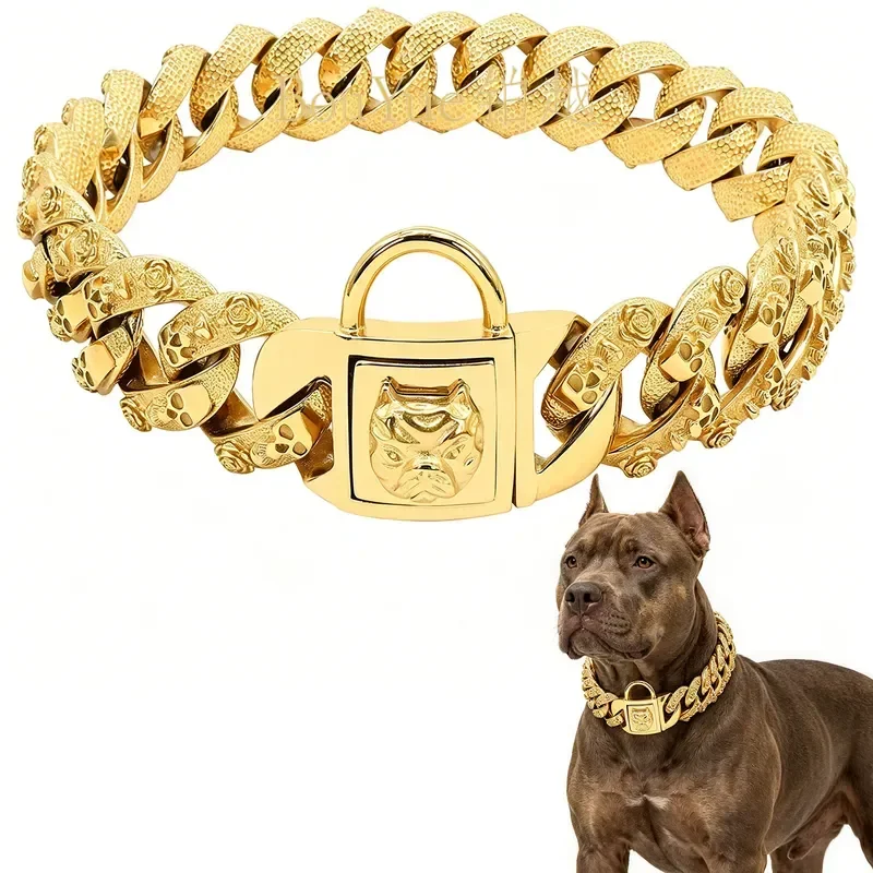 32mm Stainless Steel Dog Collar Gold Skull Chain Necklace for Large Dogs Heavy Duty Pet Choker Punk Style Accessories