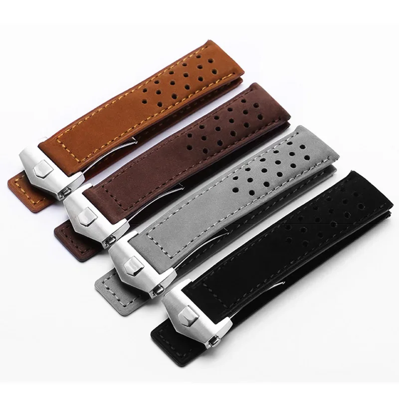 20mm 22mm 24mm Soft Genuine Cow Leather Watchband for Tag Heuer Carrera Monaco Series Frosted Fold Buckle Men Cowhide Straps