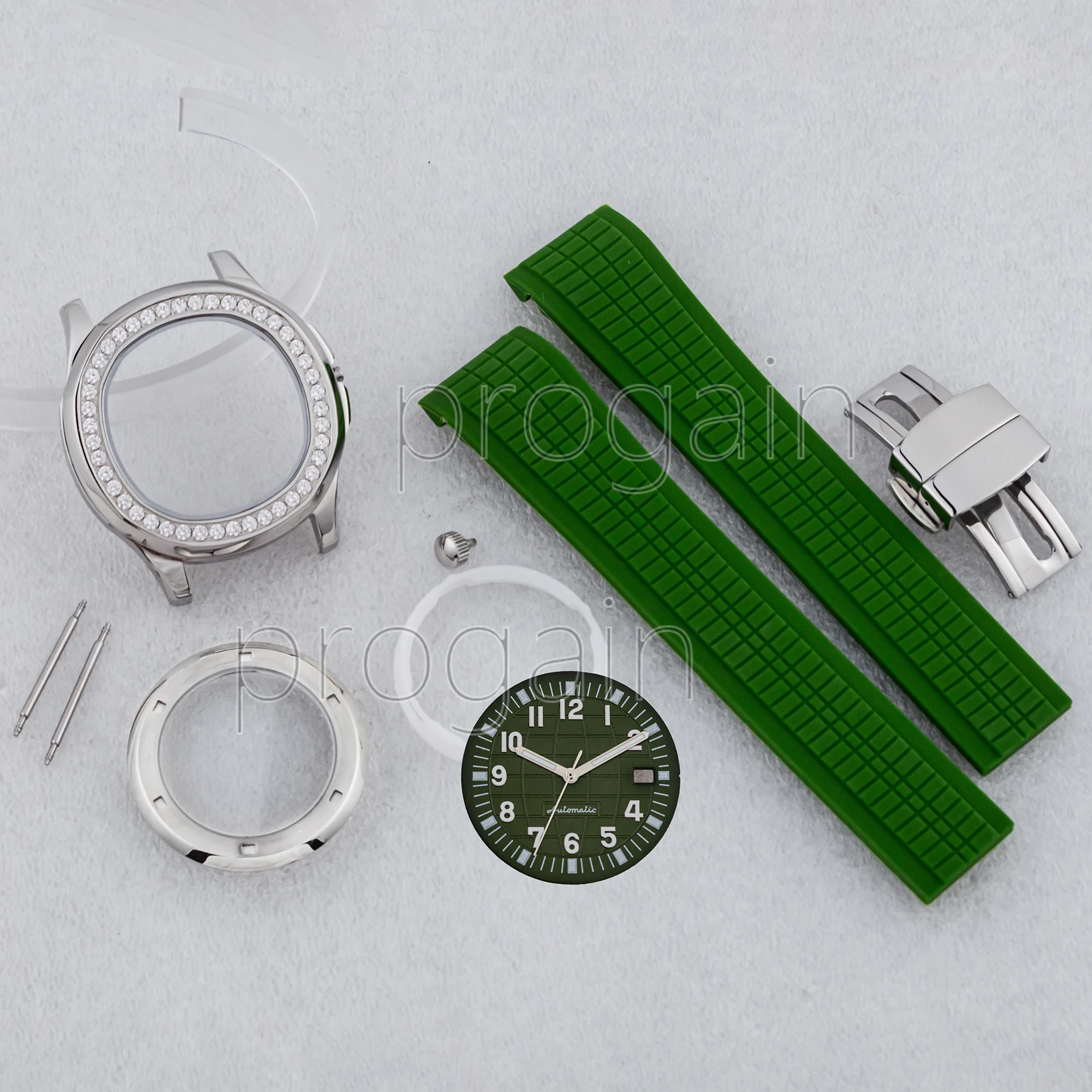 Diamond Watch Case NH35 Case Dial Rubber Strap Stainless Steel Watch Bracelet for AQUANAUT Nautilus NH35 Movement Parts