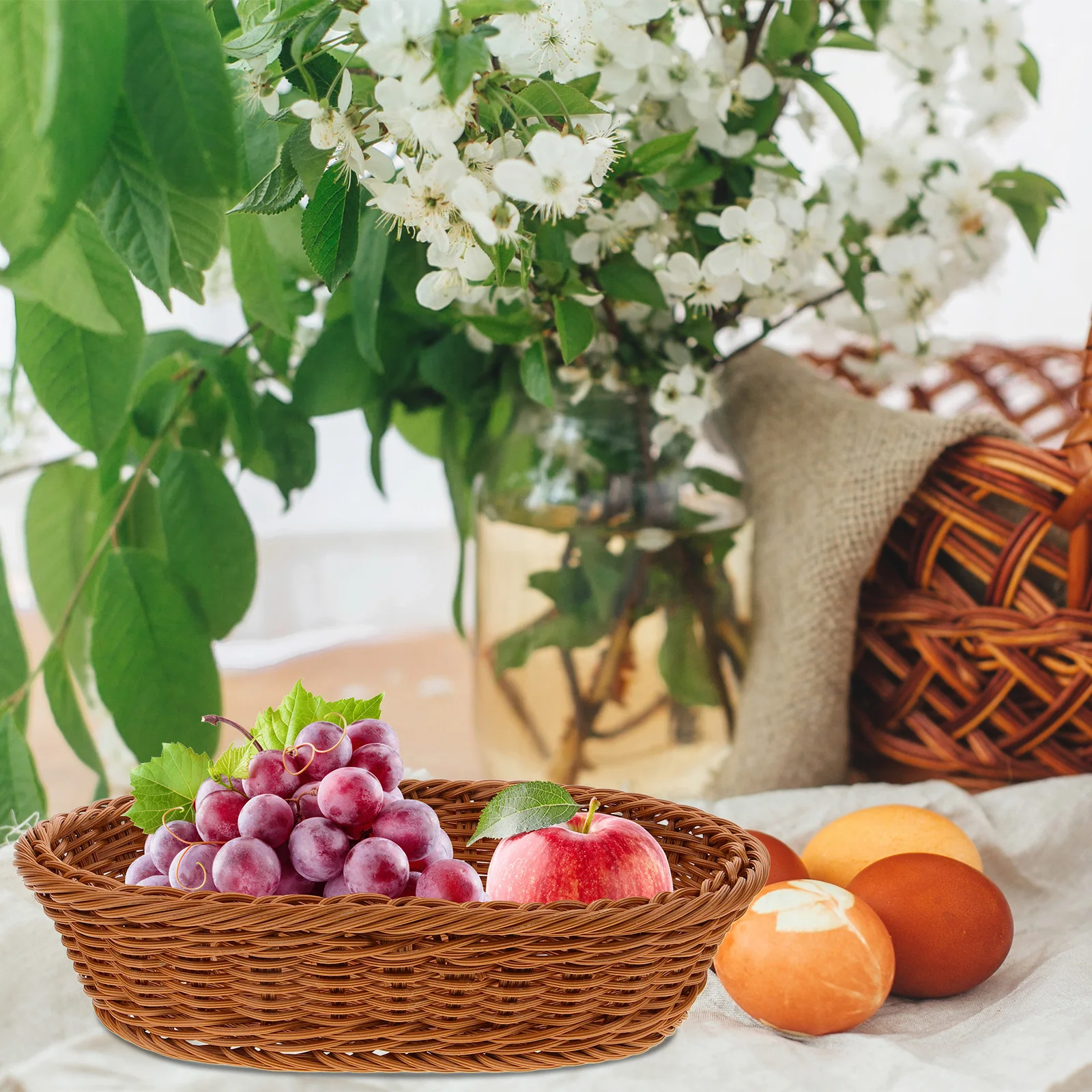 

Woven Fruit Basket Imitation Rattan Oval Food Storage Basket For Kitchen Home Bread Snack Candy Holder Pp