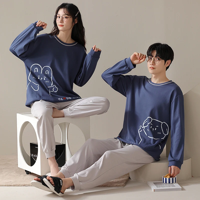 Blue couple's pajamas casual set long sleeved round neck all cotton men's and women's home wear spring and autumn M-3XL