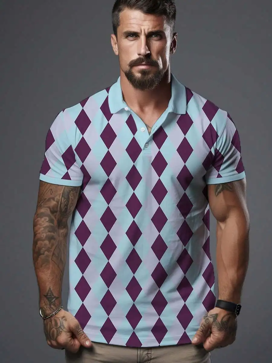 Mens Light Blue And Purple Argyle Print Short Sleeve Shirt Casual Summer Wear
