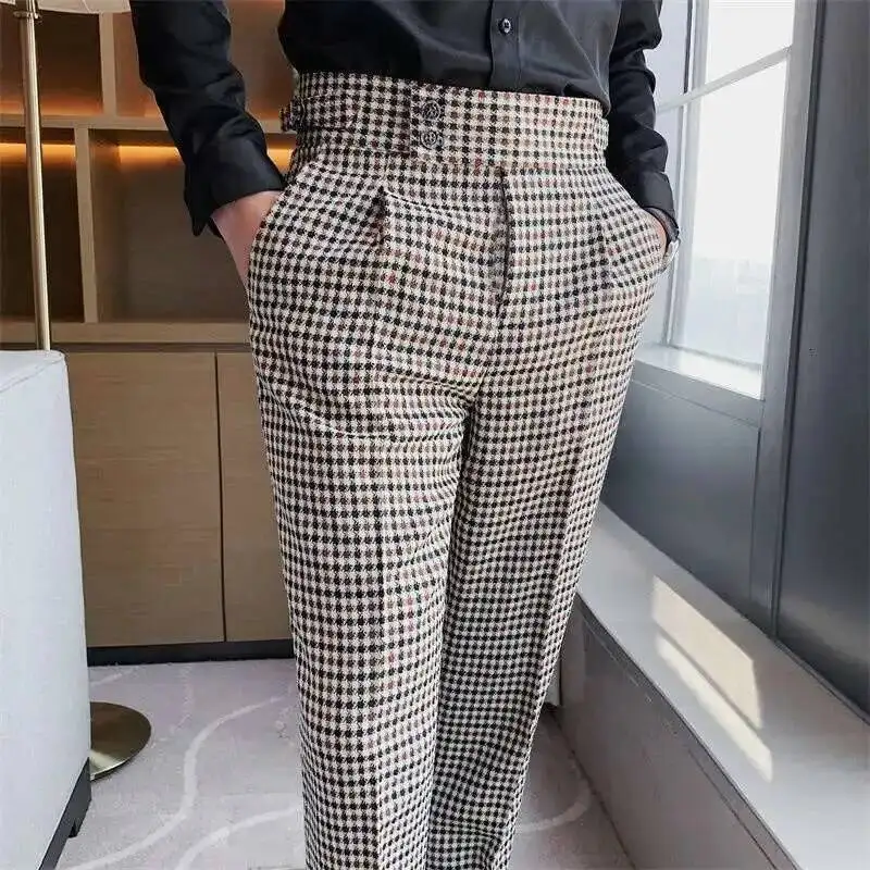 

British Casual Men Dress Pant Thousand Bird Grid High Waist Straight Pants Fashion Men Trousers Formal Track Pants Mens Clothing