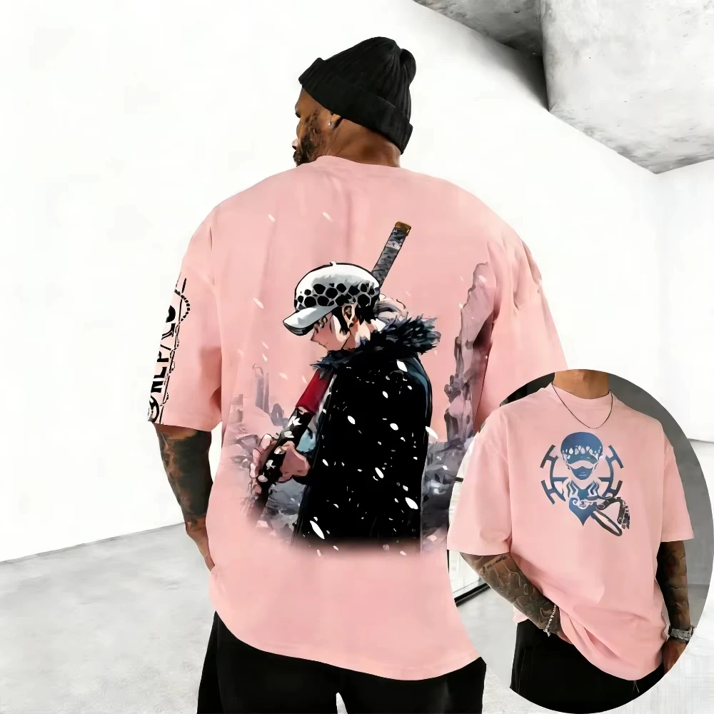 One Piece Trafalgar D. Water Law Unisex Pure Cotton T-shirt 2026 Summer Anime Print Loose Casual Parent-child Short Sleeved