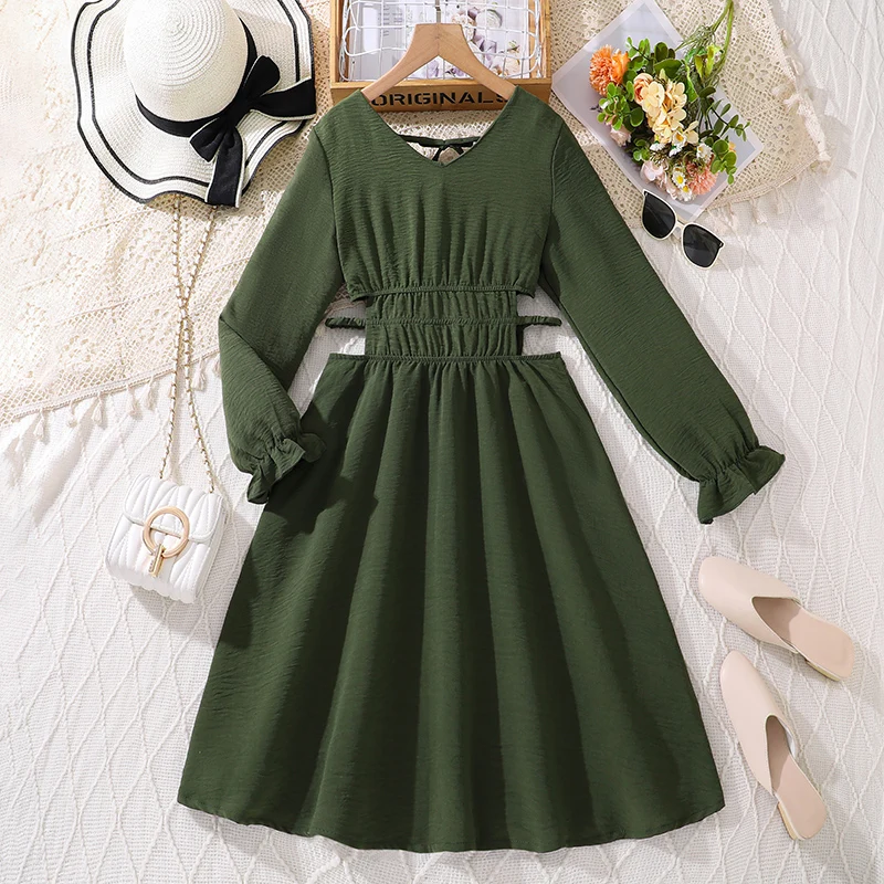 

Dress For Kids 8-12 Years Girl Dark Green Waist Hollow-Carved Design Elegant Long Dress Summer Teenager Dress Kids Daily Clothes