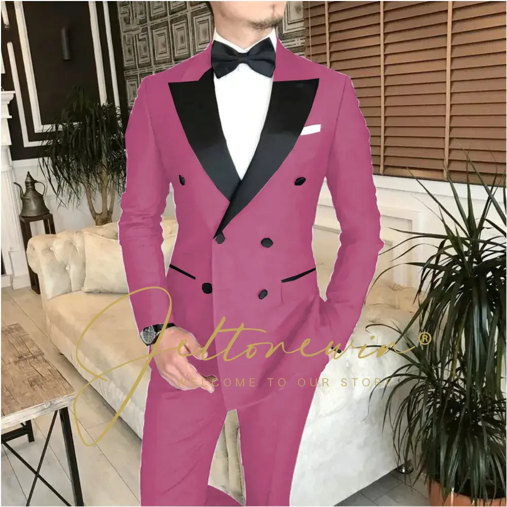 Slim Fit Male Suits 2 Pieces Navy Blue Double Breasted Wedding Tuxedos Groom Business Wear Best Man (Blazer+Pant) Costume Homme