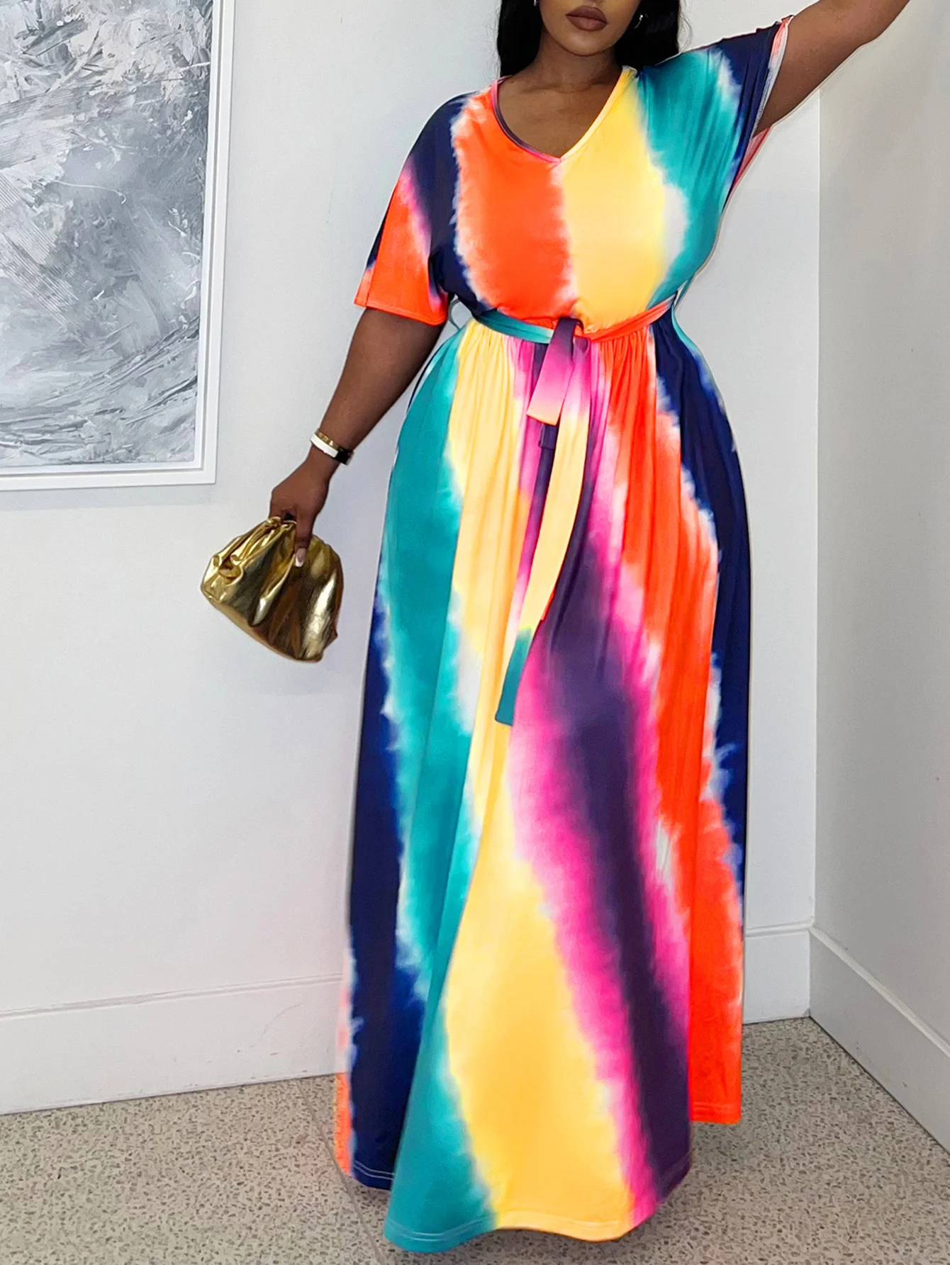 LW Plus Size Tie Dye Belt Design Dress Summer Vacation Style Color Contrast A-line Dress Short Sleeve V Neck Floor Length Dress