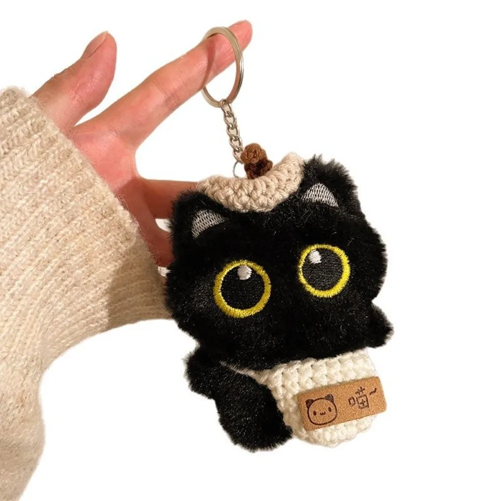 Novo bonito gato preto boneca de pelúcia chaveiro com chapéu de malha babador boneca saco pingente bolsa de ombro chaveiro do carro saco escolar decoração