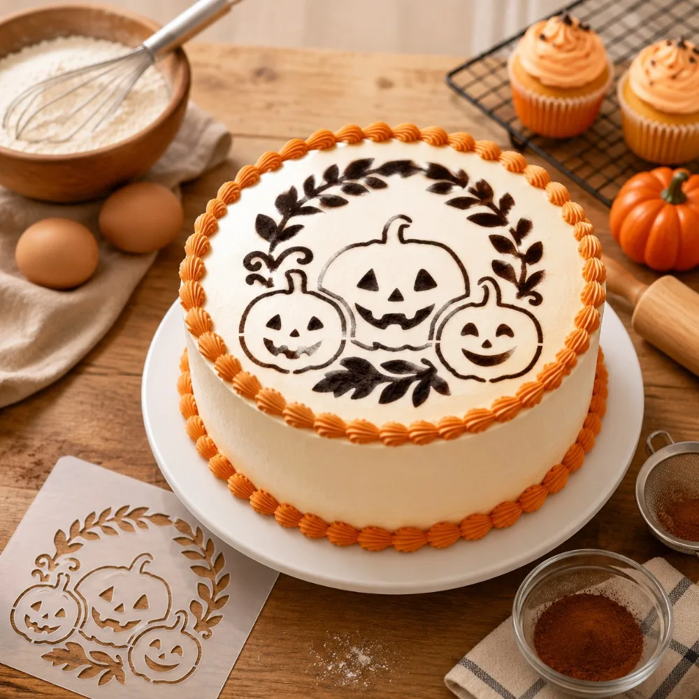 1Pcs Halloween Pumpkin Wreath Cake Stencil, Food‑Grade PET Hollow Template For Cookie Fondant Dessert Decor