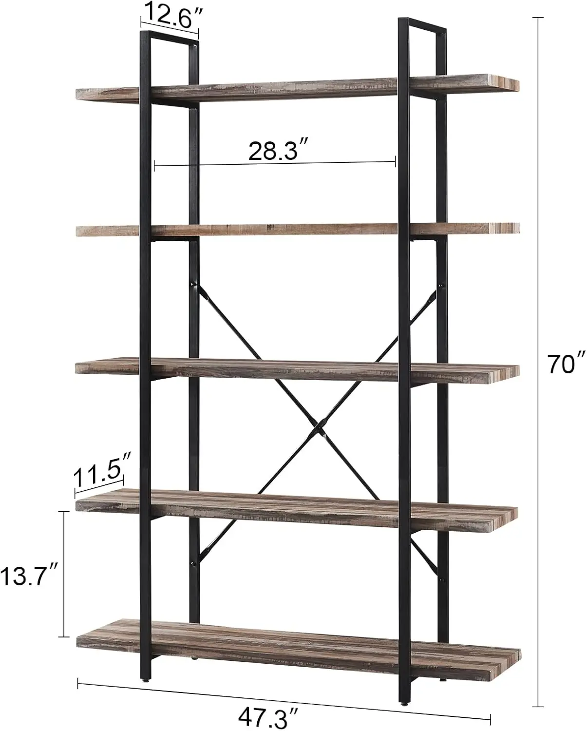 5-Tier Bookshelf Industrial Bookcase and Bookshelves,Rustic Storage Rack with Open Shelves for Living Room Bedroom