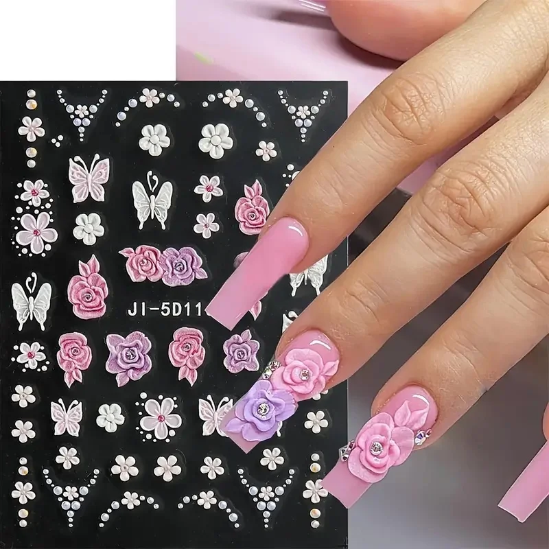 1/2/5sheets 5D Embossed Flower Nail Stickers Pink&Blue Petals Butterfly French Spring Summer Slider Nail Decor Nail Art Supplies