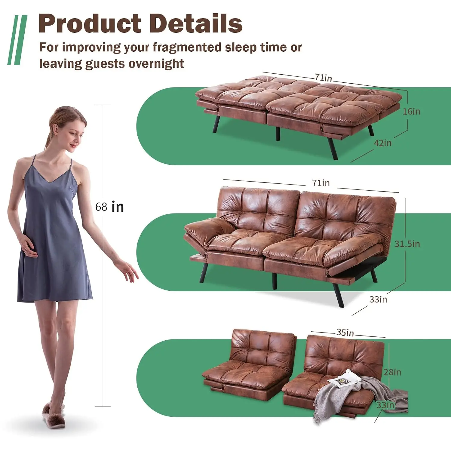 Memory Foam Futon Sofa Bed, Convertible Sleeper Couch for Living Room Studio Apartment Dorm, 71in Brown Faux Leather, Customized