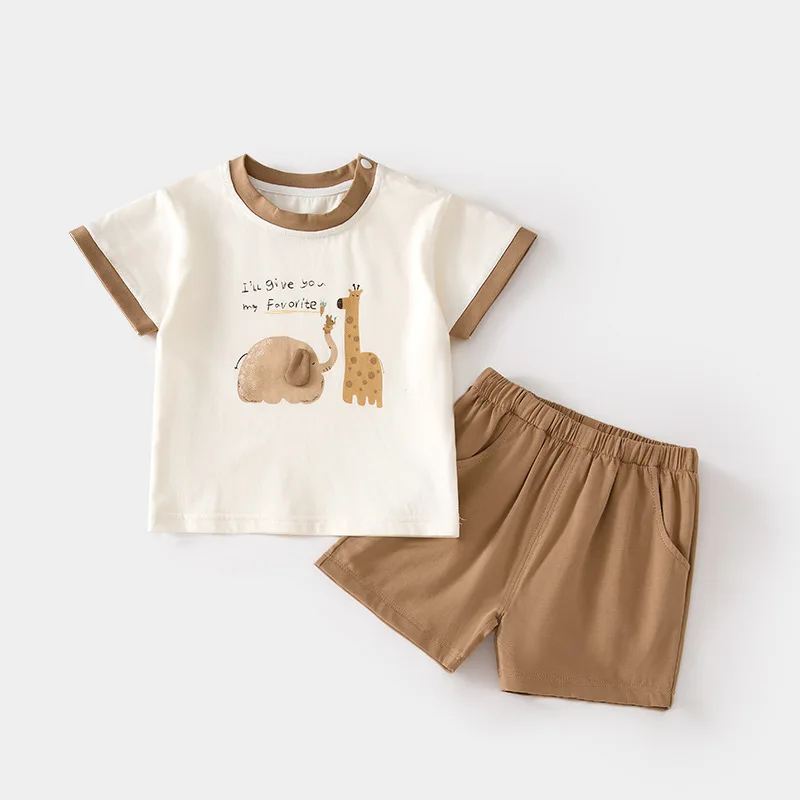 Baby Short-Sleeved T-shirt Suit Home Wear Thin Summer Boys and Girls Shoulder Open Shorts Loose Baby Outerwear