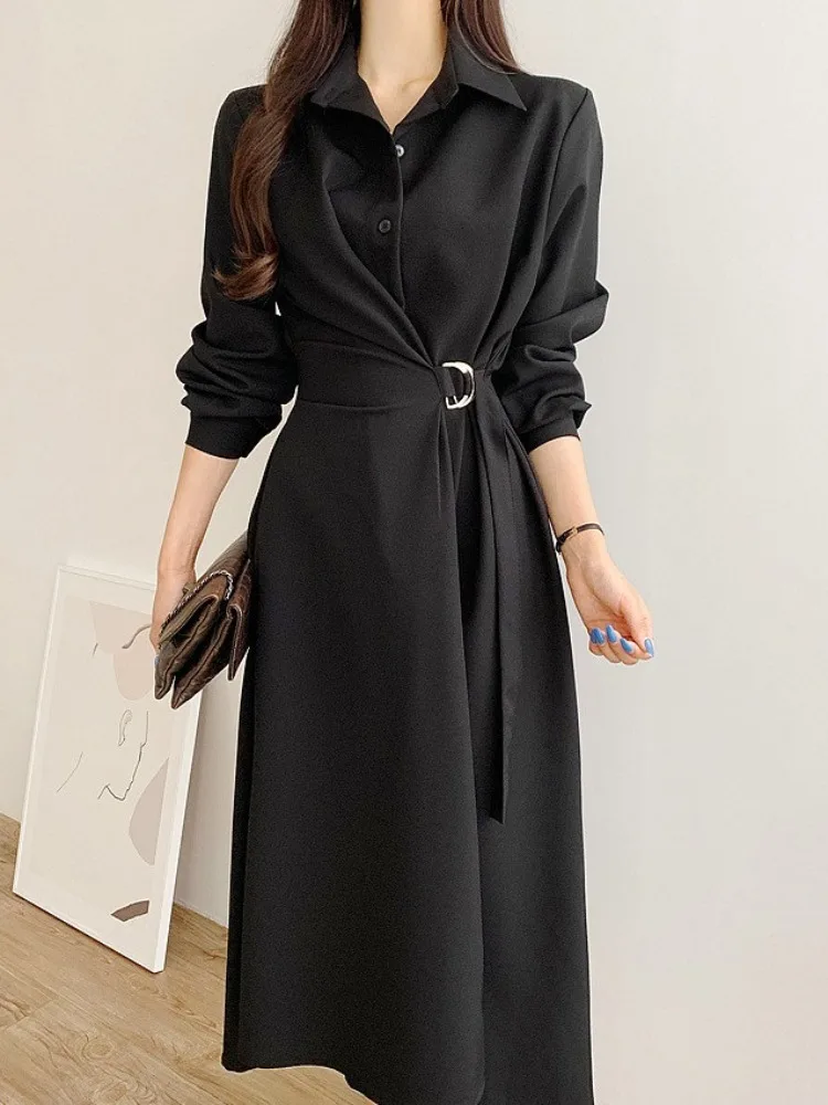 Chic automne couleur Pure longue Sve Midi Dr côté cravate taille manchette bouton unique Dr pour les jeunes femmes en chine