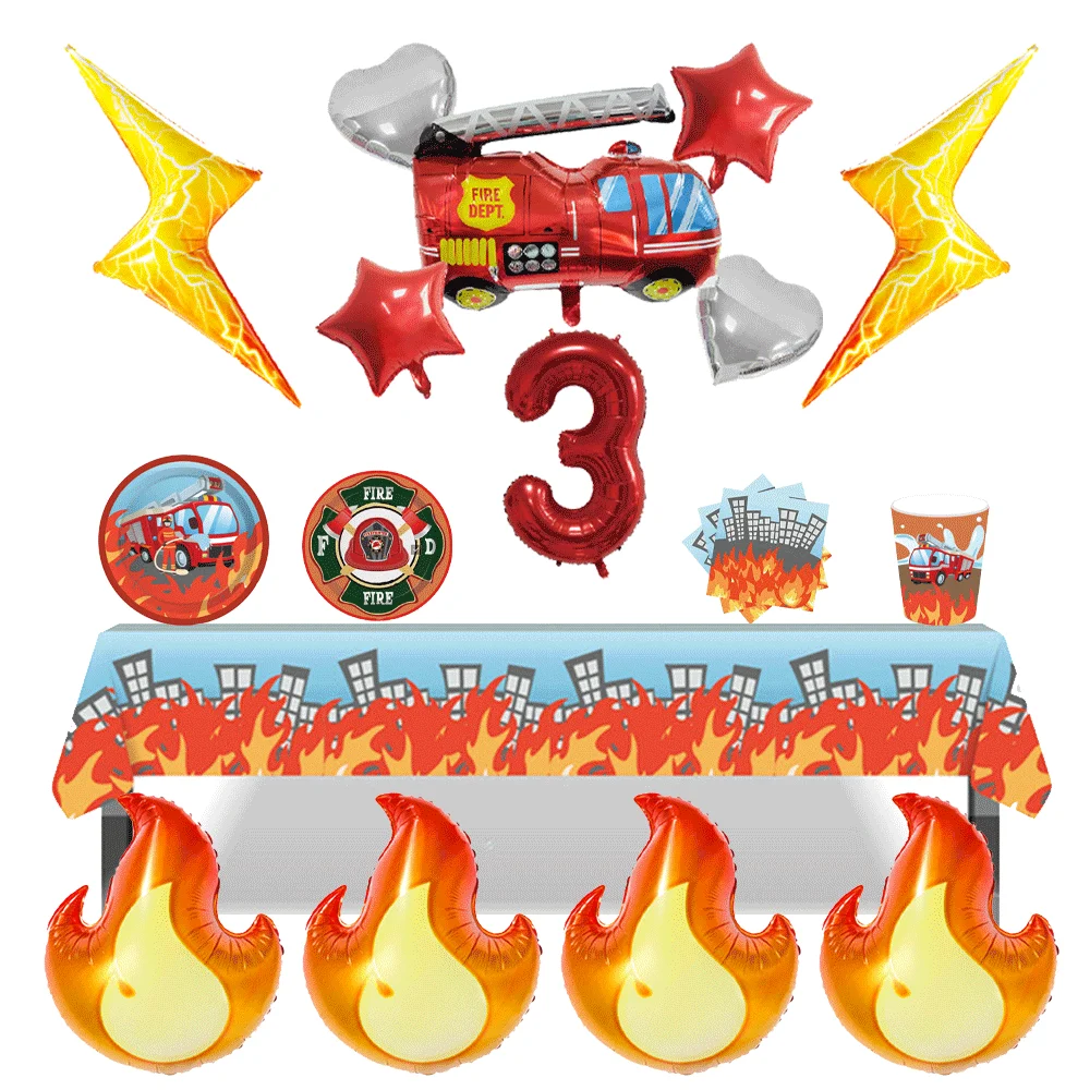 Firefighter Birthday Decoration Large Lightning Flame Fire Truck Balloon Cardboard Fire Pile Hero Boy Happy Birthday Party Decor