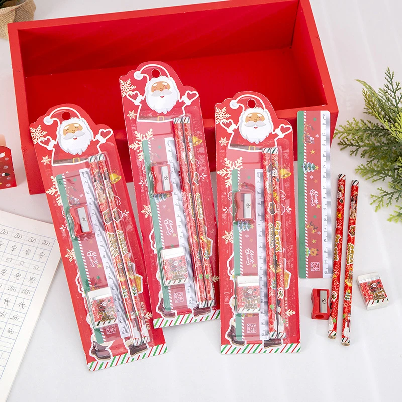 5Pcs/set Christmas Stationery Set Cute Santa Claus Pencil Ruler Pencil Sharpener Eraser School Supplies Children Prizes Gift