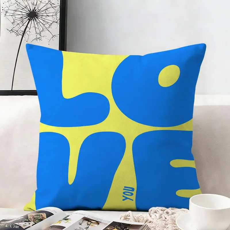 Blue Yellow Love You Pillowcase, Pop Art Typography Cushion Cover, Bold Color Block Design, Romantic Valentine Home Decor Gift