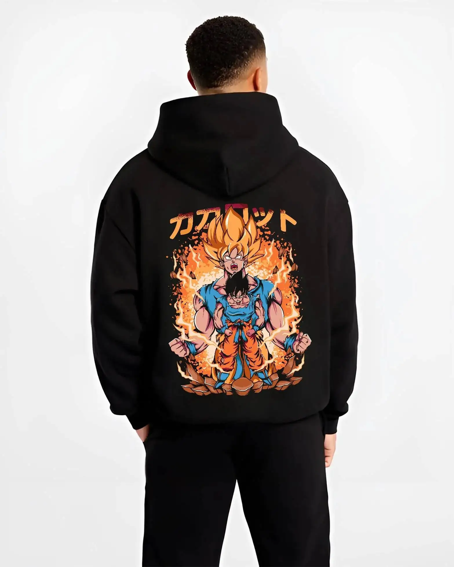 Dragon Ball Anime Goku Vegeta Sudadera con capucha negra Super Saiyan Battle Print Diseño de texto japonés Sudadera estilo Manga con llama