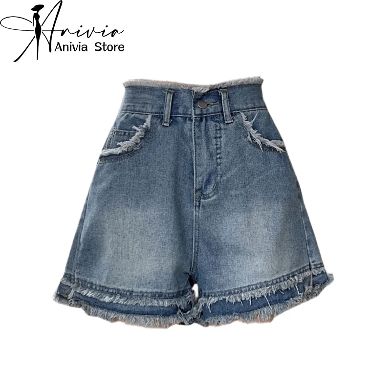 

Women's Blue Mini Denim Shorts Aesthetic Baggy Jeans Shorts 2000s Y2k Vintage Tassel Short Pants Harajuku Korean Clothes Summer