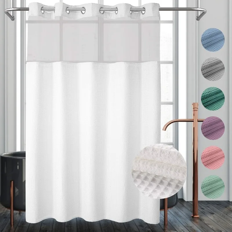 White Fabric Shower Curtain Set, Cotton Blend, Waffle Weave, with Snap in Replacement Liner，71 x 74 inches