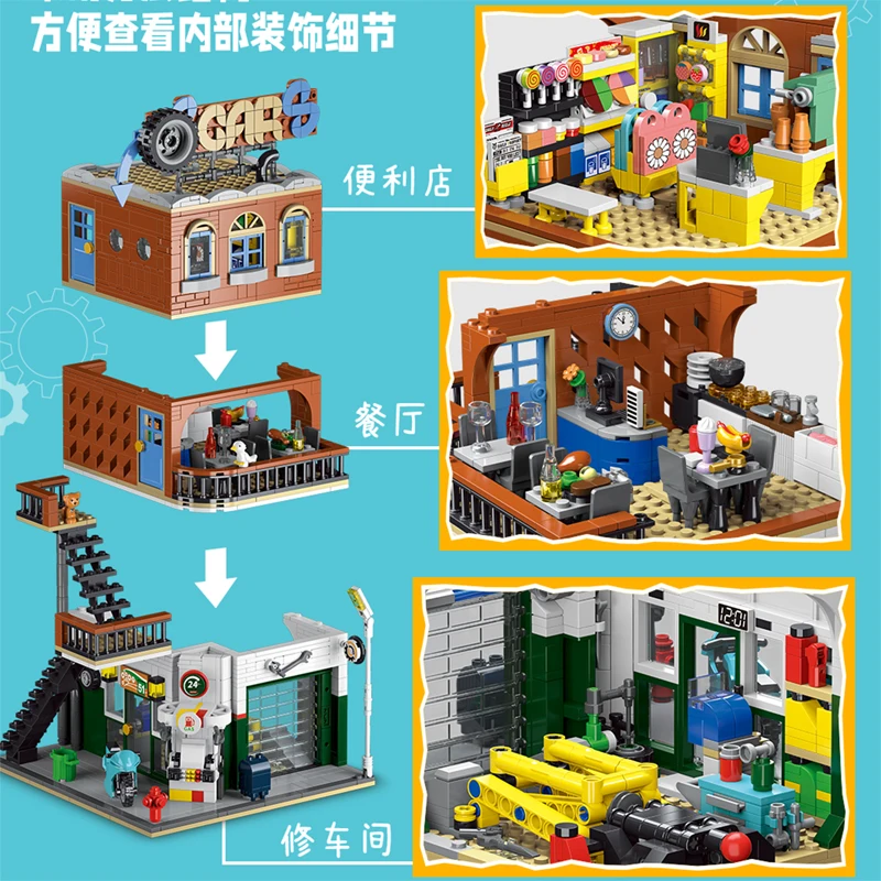 IN STOCK 20203 MOC 2 in 1 Auto Repair Shop Street View Building Blocks Construction Bricks Toys for Children Christmas Gift Set