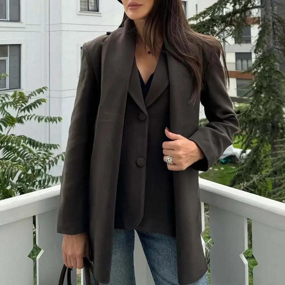 TWOTWINSTYLE Solide Spliced Unique Breasted Blazer Pour Les Femmes Cranté À Manches Longues Lâche Casual Manteau Femme Mode Style Vêtements