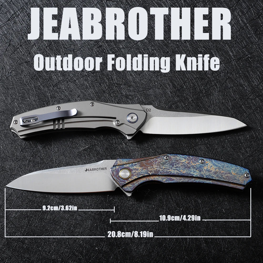 JEABROTHER Folding Knife with Titanium Alloy Handle, D2 Steel Blade and Bearing. It is used as a camping knife and fishing knife