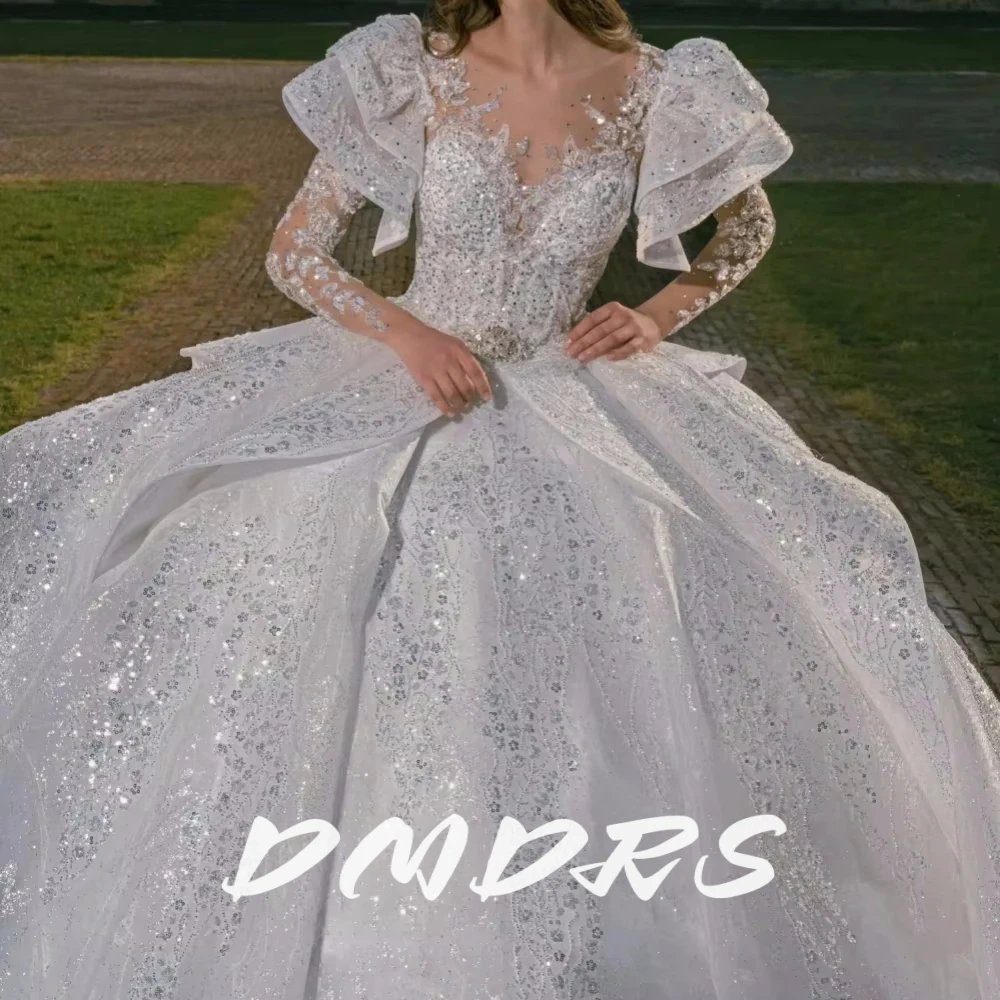 

Exquisite Princess Ball Gown Wedding Dresses Appliques V-neck Dress For Bride Sparkly Beaded Bridal Gown Vestido De Novia