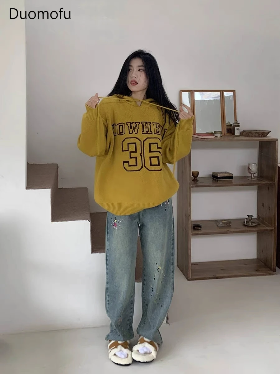 Duomofu in voller Länge gerade Vintage Stickerei lose Frauen Jeans Herbst neue grundlegende hohe Taille schlanke einfache lässige weibliche Jeans