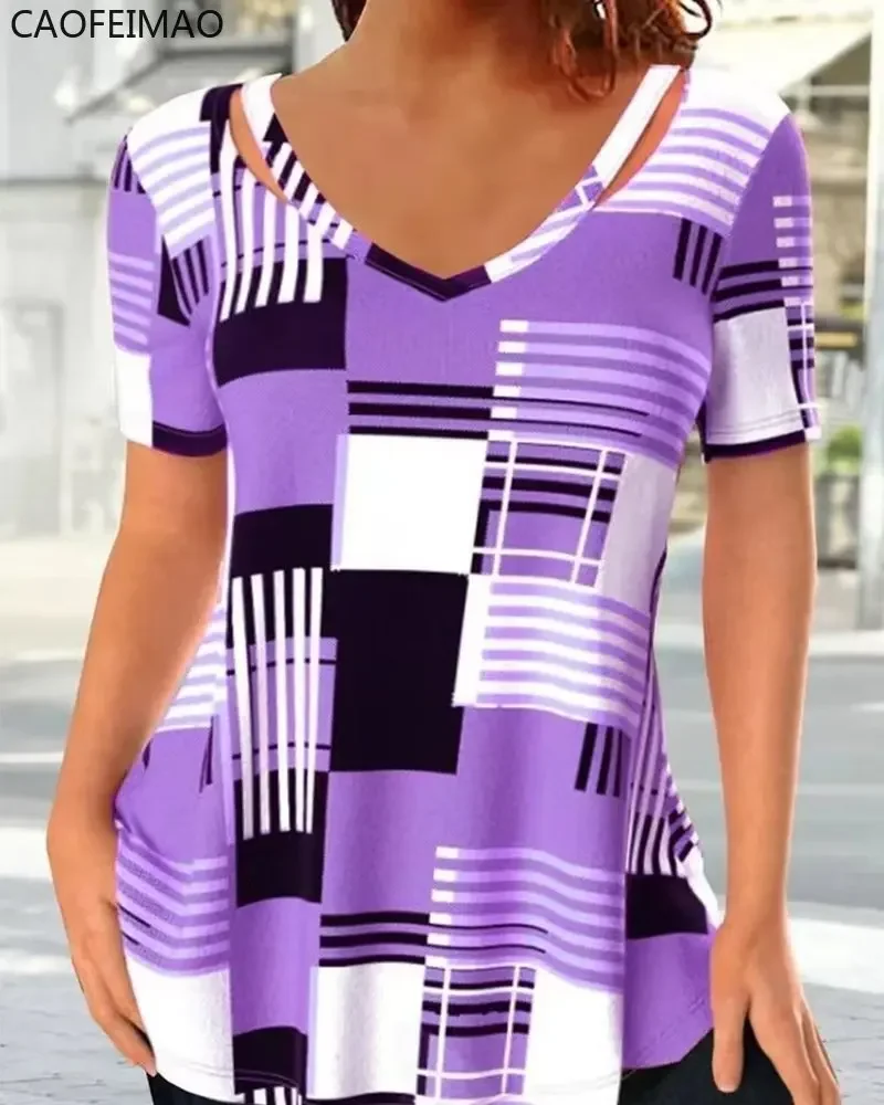 ผู้หญิงVคอเสื้อยืดแฟชั่นฤดูร้อนเสื้อStreet Stripes 3dพิมพ์เสื้อยืดขนาดใหญ่Harajuku Y2kหลวมTee 5xlหญิงเสื้อผ้า