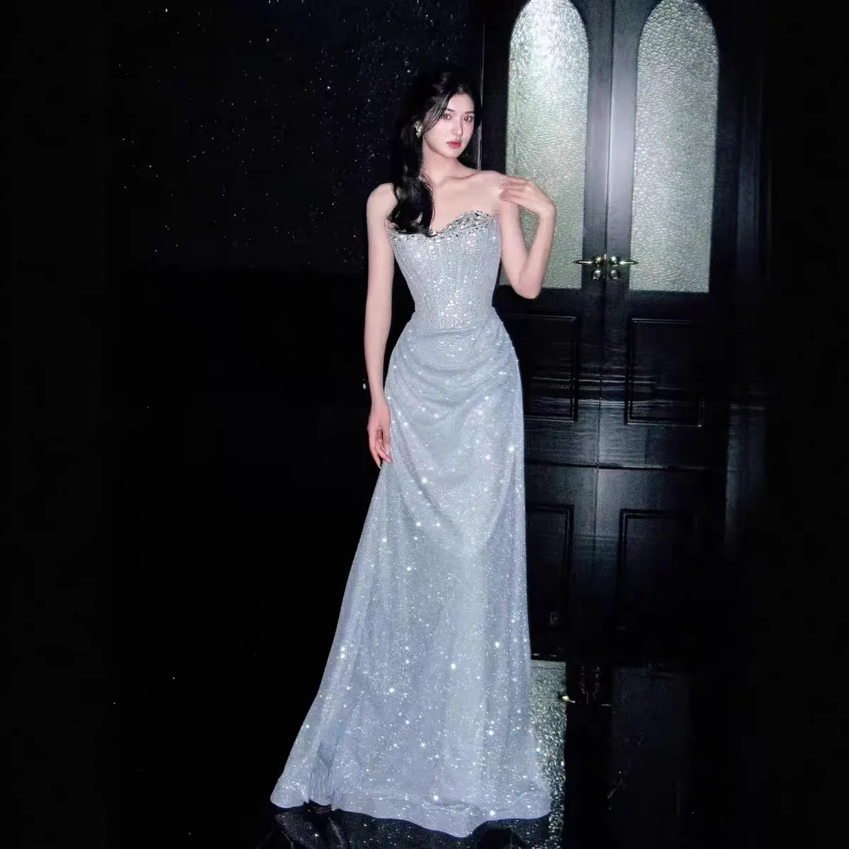 Stunning Strapless Evening Gown High-End Feel Fish Tail Skirt Host Luxury Small Audience Bride Engagement Ceremony Morning Robe