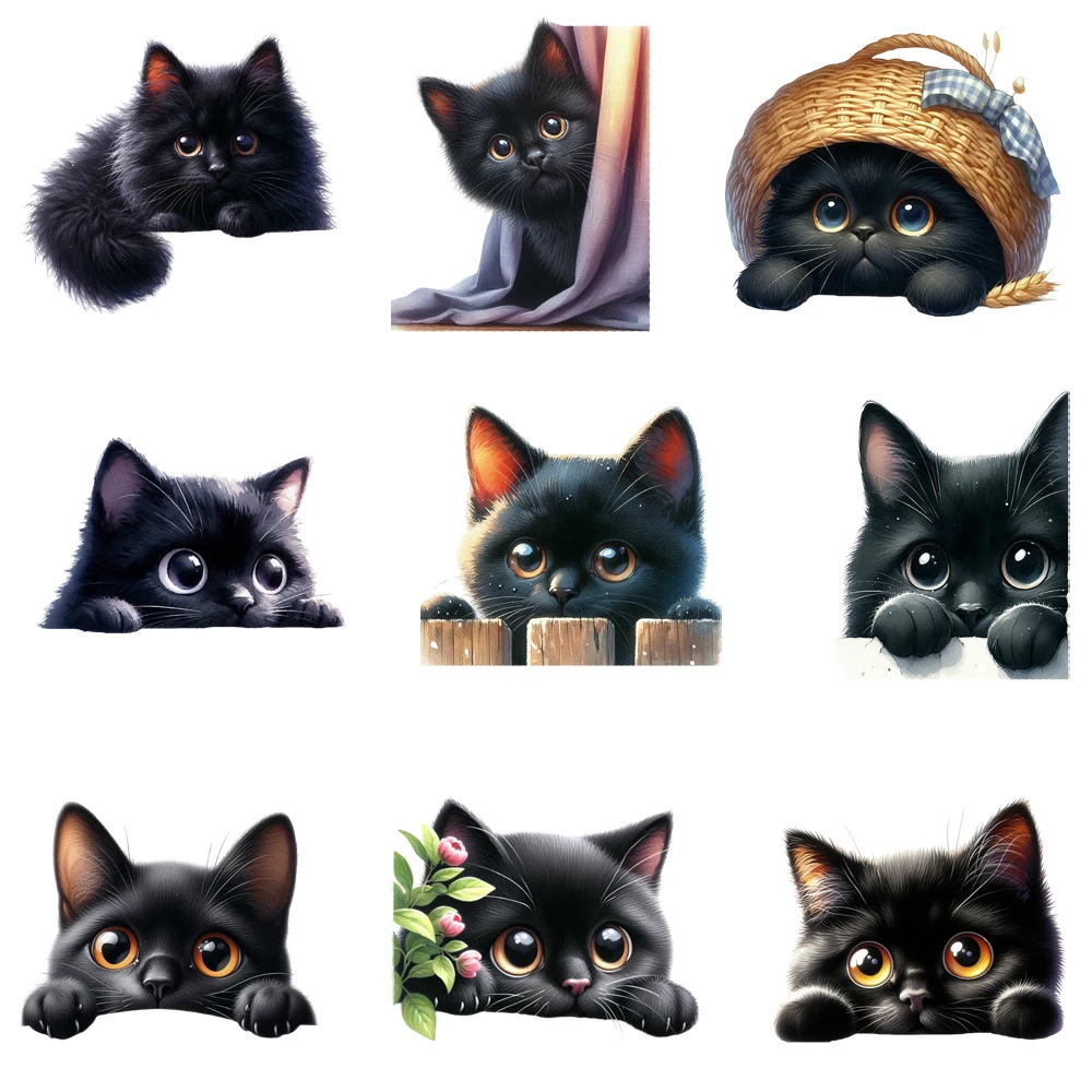 15cm Kids Hide And Seek Black Cat Iron On DTF Heat Transfer Sticker Diy T-shirt Iron On Transfer Patches Clothes Print Decal