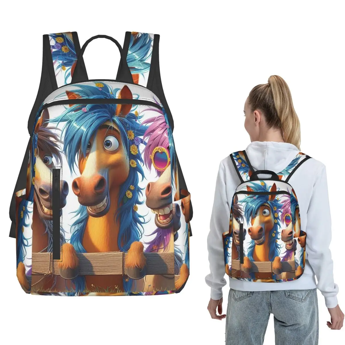 

Three Cartoon Colorful Horses Backpack Daypack Kids BookBag School Bag Shoulder Bags for Men Women