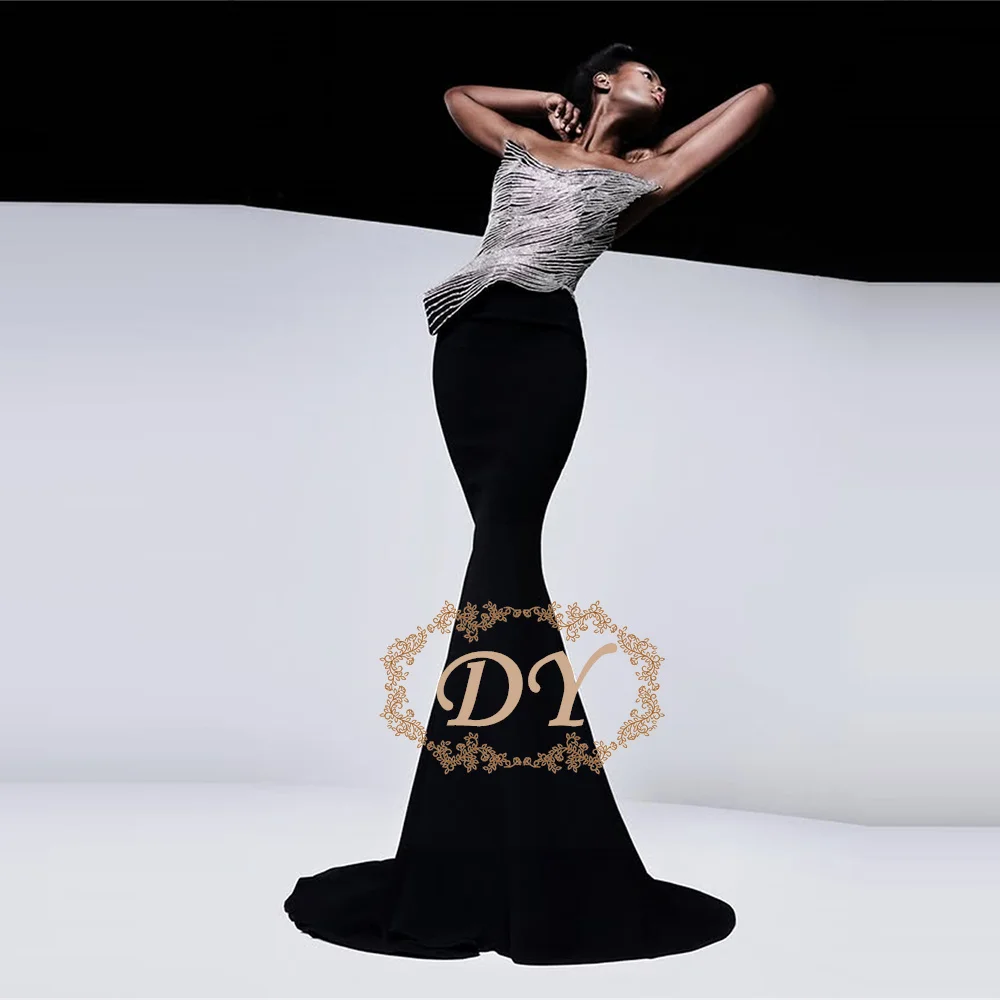 

DY Black Women's Mermaid Evening Dresses Strapless Customized Prom Gowns Beading Vestido De Gala Noche Mujer