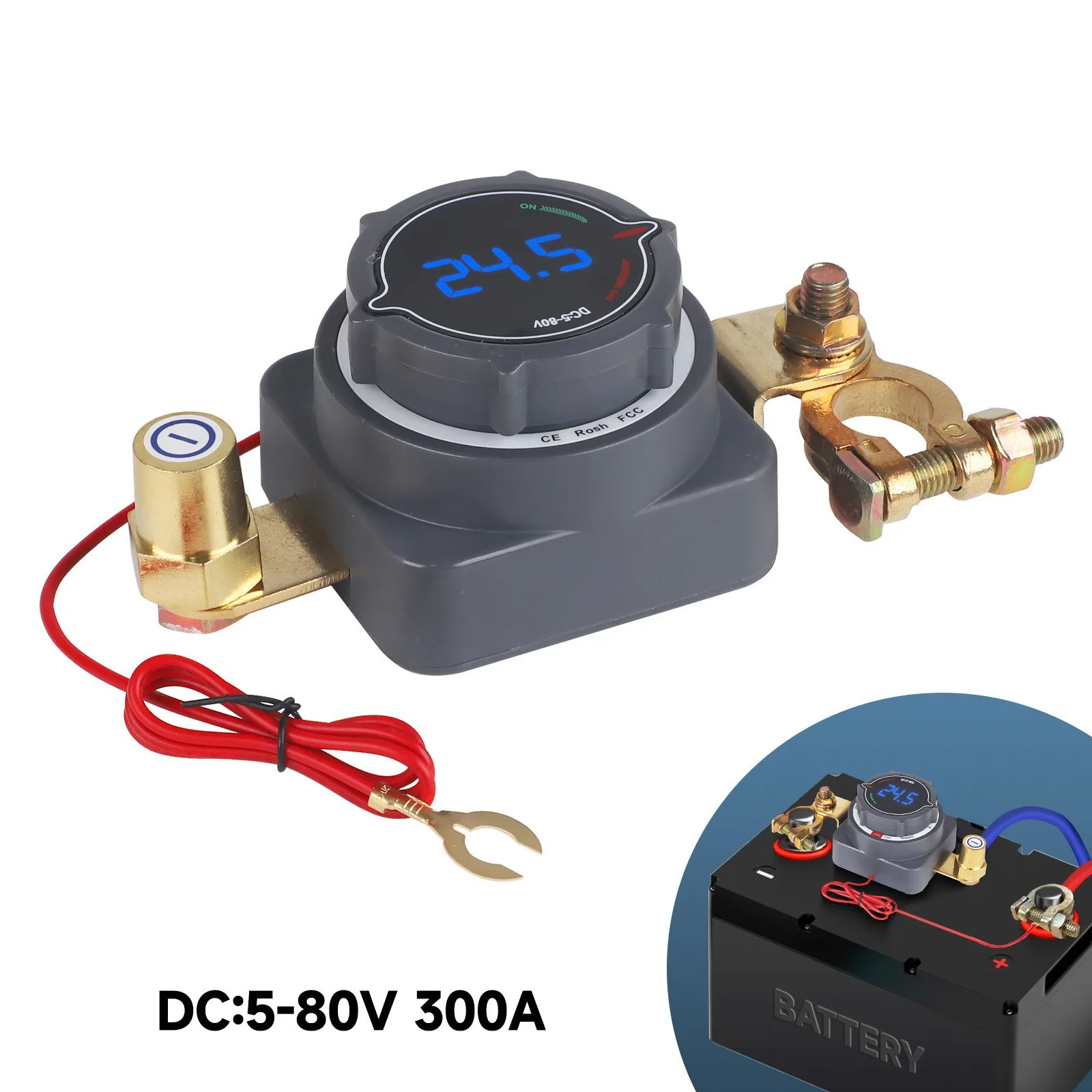 ABILKEEN DC5-80V 300A Battery Disconnect Switch with Voltmeter On Off Kill Switch for Marine Boat RV Car Truck Trailer