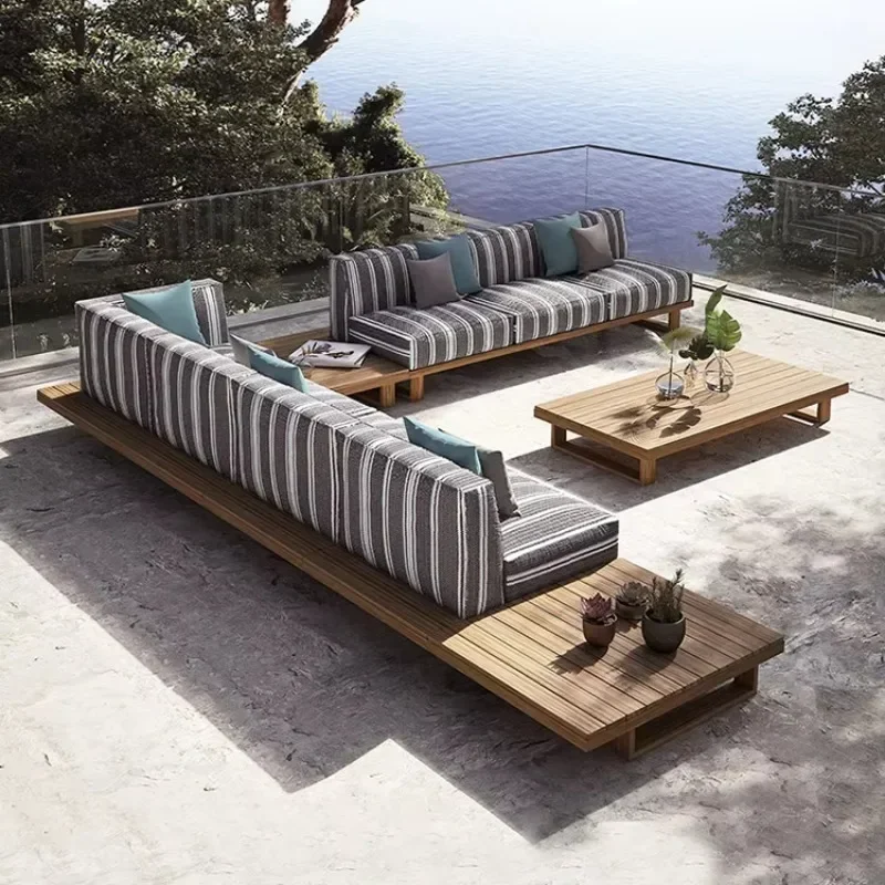 Deluxe teak frame garden furniture set, waterproof courtyard sofa set, hotel modular segmented L-shaped outdoor sofa set