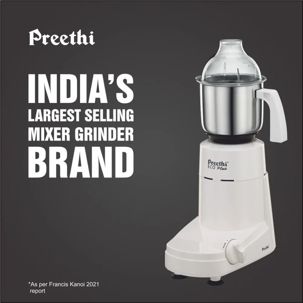 Preethi Eco Plus Mixer Grinder, White, 3 Jar