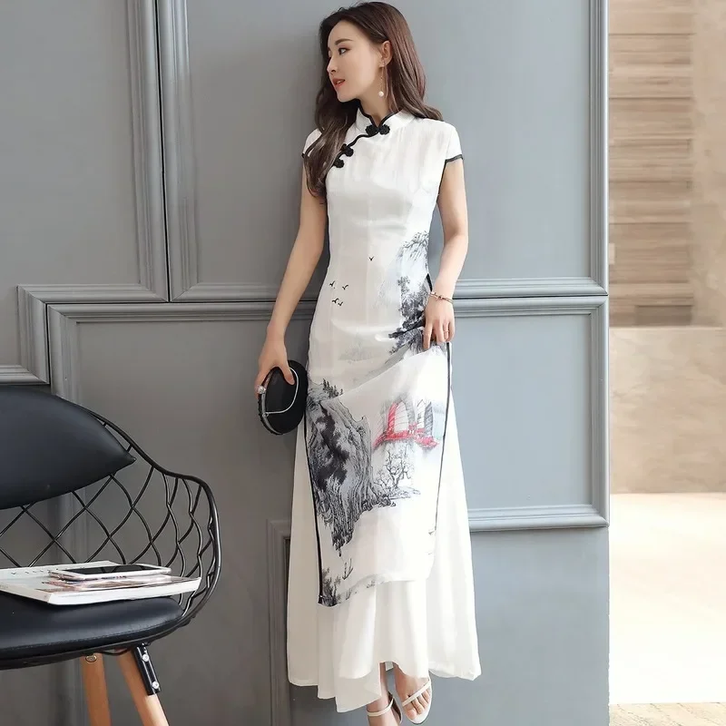 

Women Chinese Traditional Hanfu Landscape Painting Cheongsam White Dance Dress Qipao Chiffon Robe Vintage Chinese Style Dresses