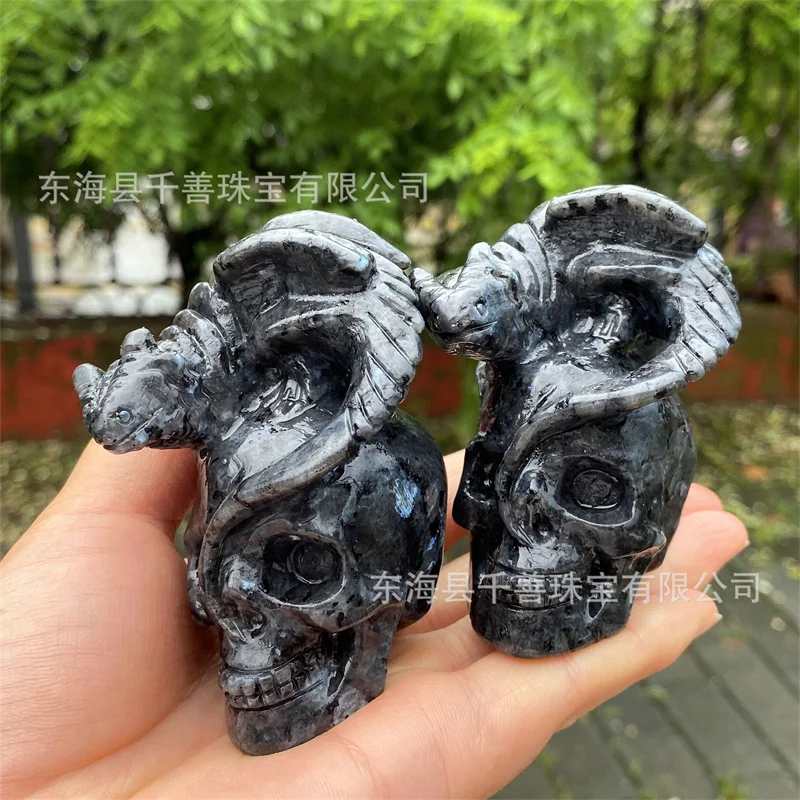 Natural Blue Flashy Larvikite Skull Gemstone Carving Head Healing Stone Black Labradorite Quartz Crystal Animal Skull Home Decor