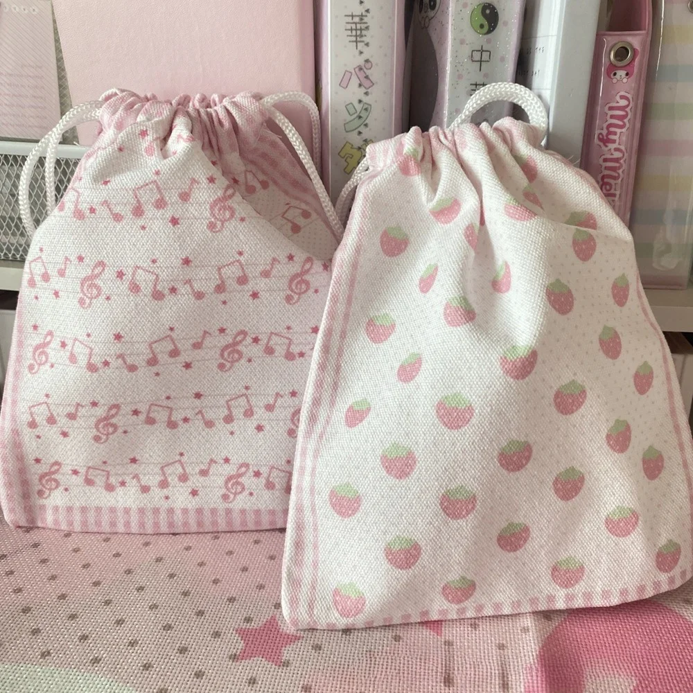 

High Quantity Strawberry Musical Note Drawstring Bag Large Capacity Portable Coin Purse Gift Cartoon Makeup Storage Pouch Gifts