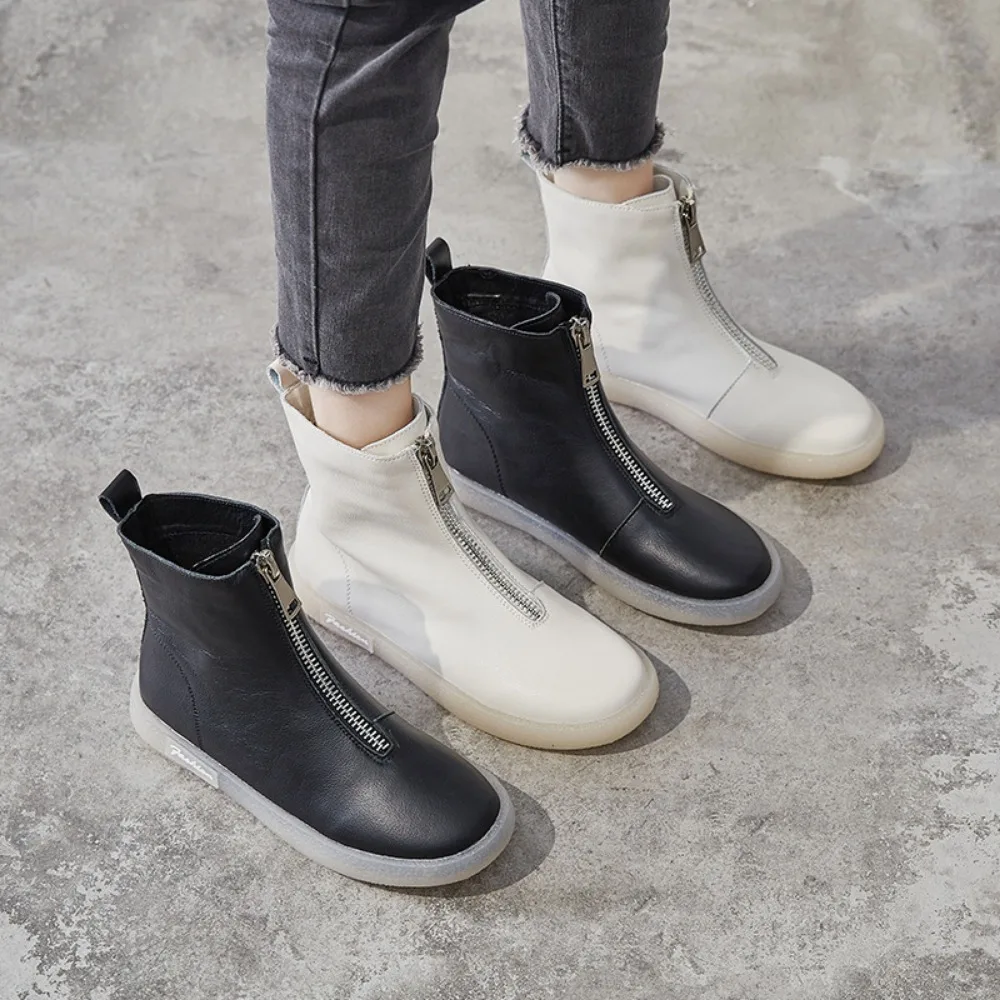 Short Boots Women\'s New Autumn Winter Cow Tendon Soft Soled Women\'s Boots Casual High Top Women\'s Shoes Front Zipper Boots