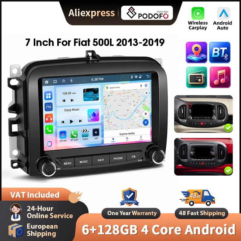 Podofo 7 Zoll 6+128G Autoradio für Fiat 500L 2013-2019, kabelloses CarPlay, Android-Auto-Multimedia-Stereo, WIFI, GPS-Navigation, FM/RDS, BT, 2-DIN-Headunit, HD-EQ, Touchscreen, Mirrorlink,
