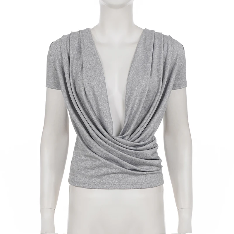 SUCHCUTE Sexy einfarbiges T-Shirt mit tiefem V-Ausschnitt, kurzärmeliges Damen-Top, Y2k-Streetwear, 90er-Jahre-Kleidung, schicke Sommer-Freizeit-T-Shirts – Detail 4