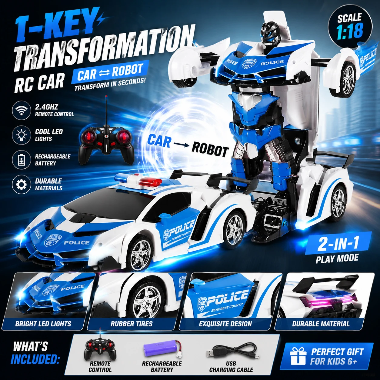 1:18  Transforming Robot Car 2.4GHz Remote Control Deformation Sports Car with LED Lights Rechargeable Battery Gift Toy for Kids
