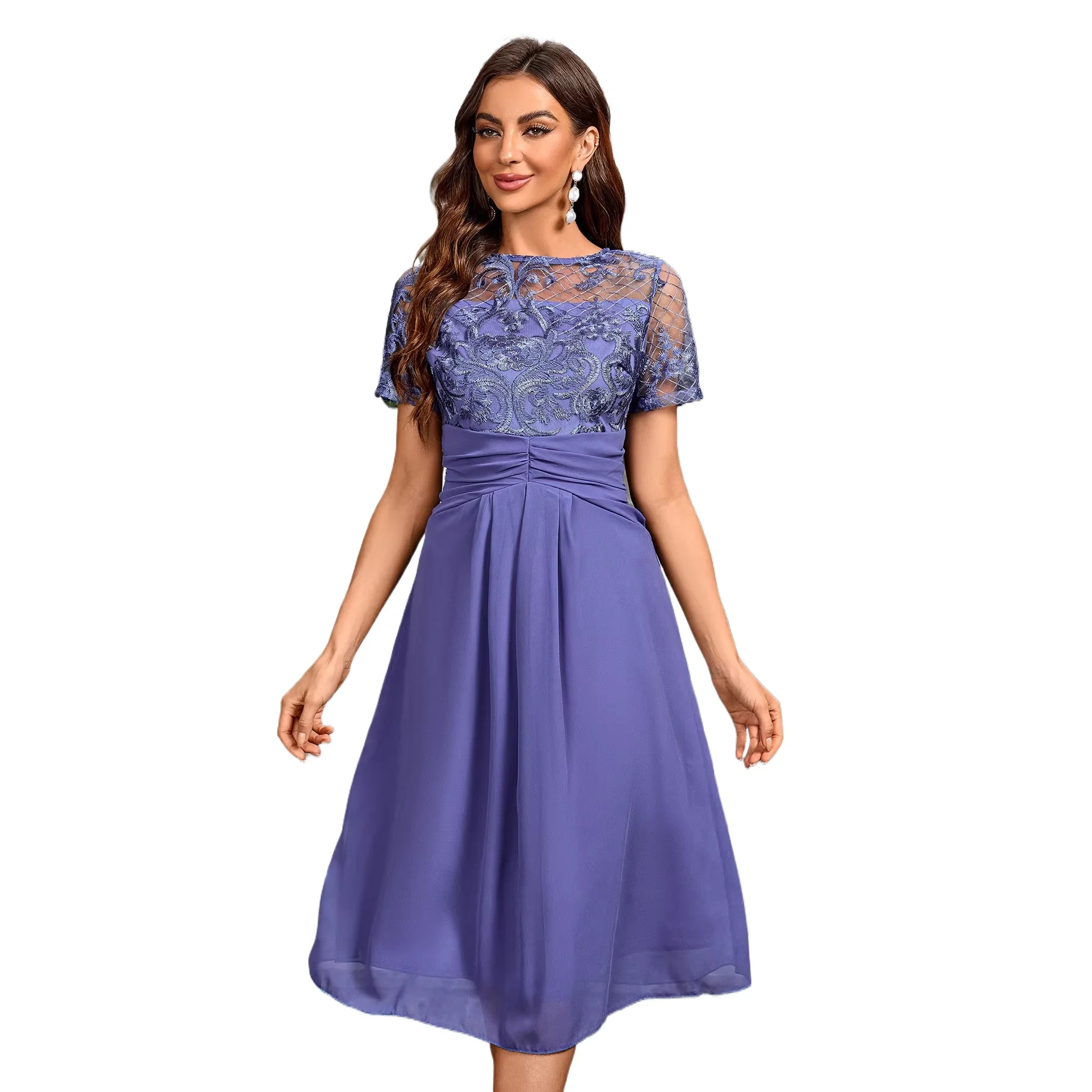 

Elegant Round Neck Knee Length Cocktail Party Lace Embroidery Dress With Short Sleeves Blue Purple