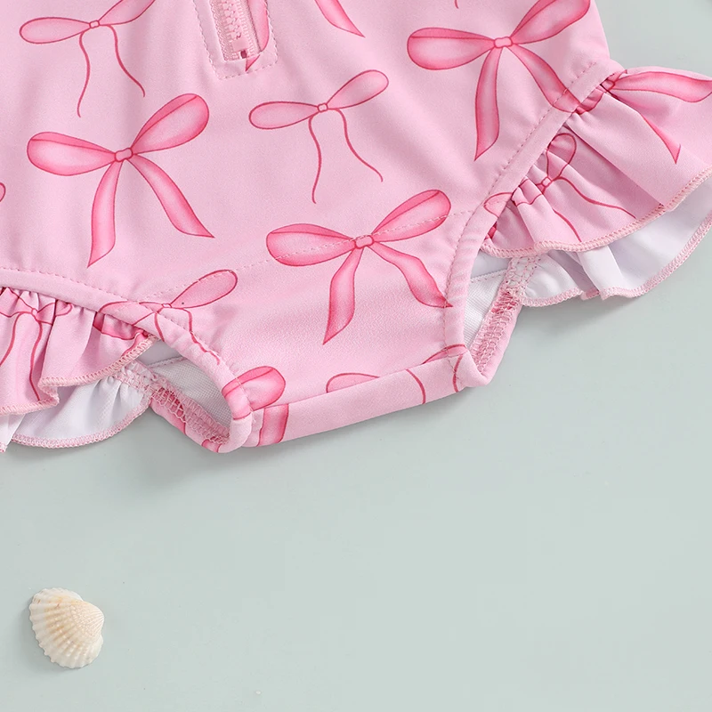 أطفال بنات ملابس السباحة رومبير طويلة الأكمام س الرقبة القوس طباعة زمم ثوب السباحة الشاطئ السباحة رومبير مع قبعة