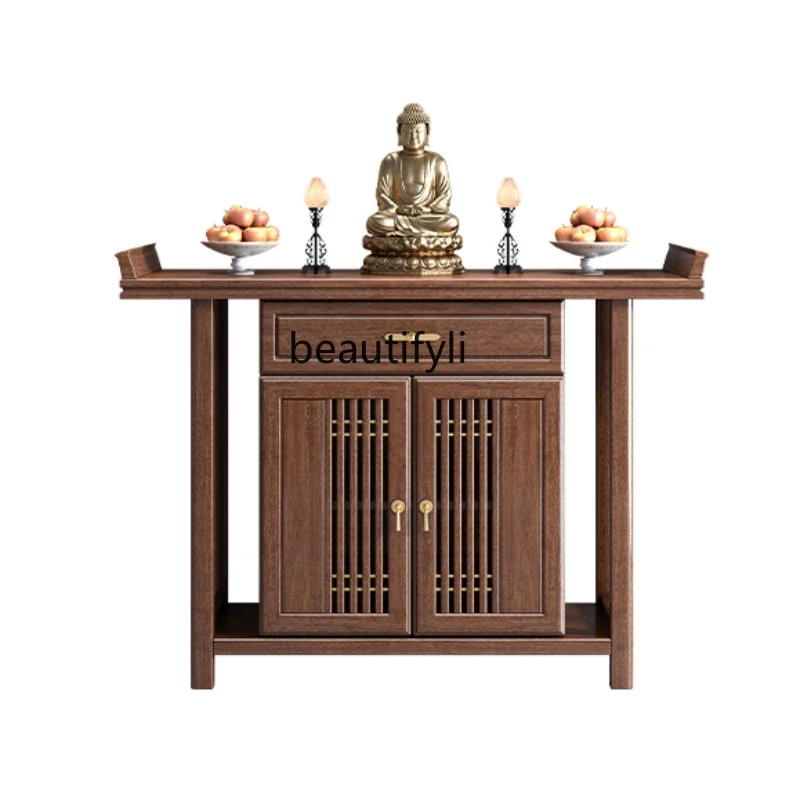 V New Chinese Solid Wood Console Tables Walnut Altar Incense Burner Table Altar with Drawer Side View Altar