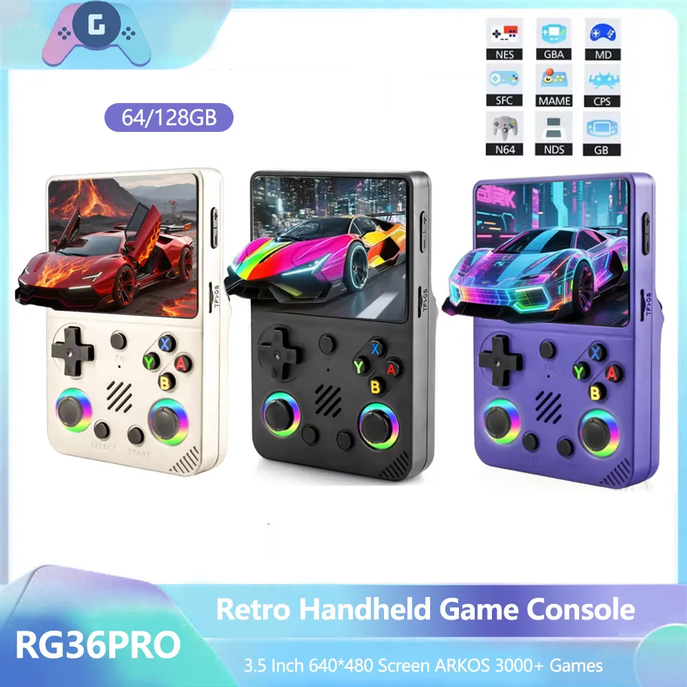 

RG36PRO Handheld Game Console 3.5 Inch IPS Screen 30000 Games 64G Card 3000mAh Battery Open Source Retro Gaming Player