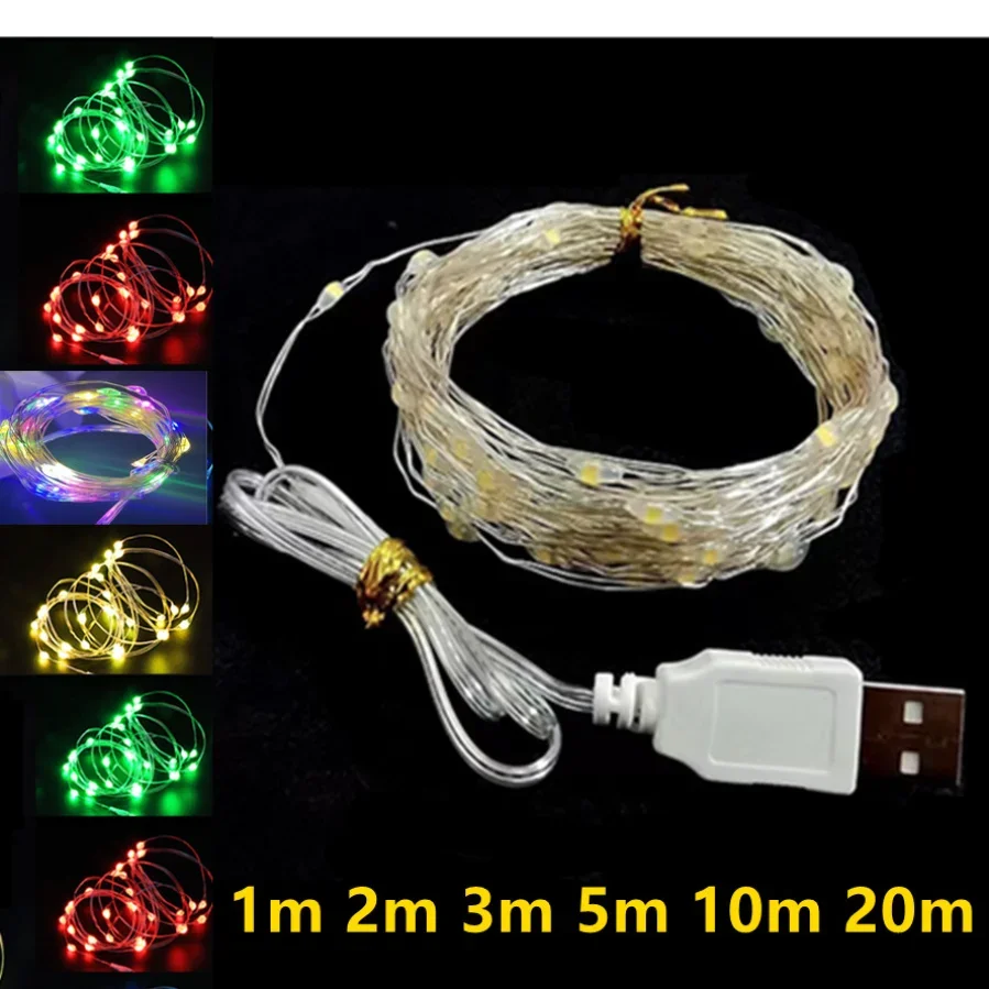 Guirnalda de luces LED de colores para Navidad, guirnalda de alambre de cobre, luces de hadas impermeables, decoración de fiesta de boda, USB, Festival